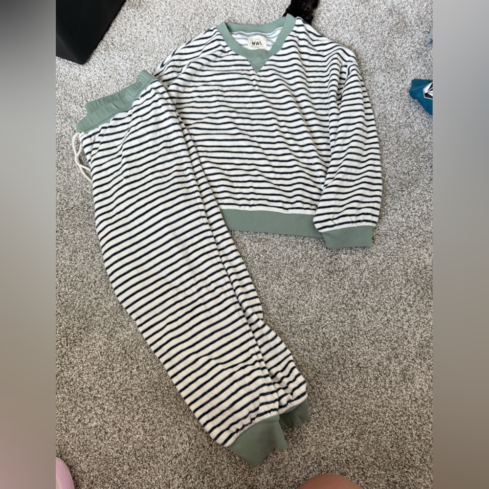 Madewell Womens Striped Pajama Set in White, Black & Sage